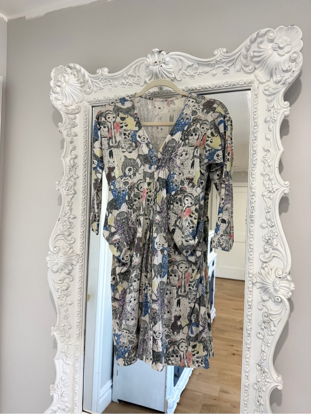 Teddy Bear Printed V-Neck Long Sleeve Women's Dress